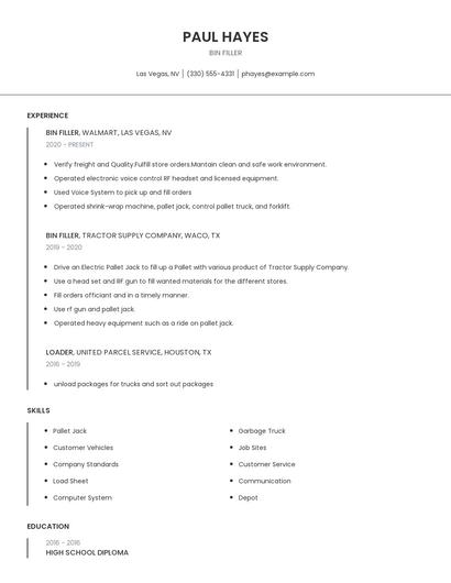 Bin Filler Resume