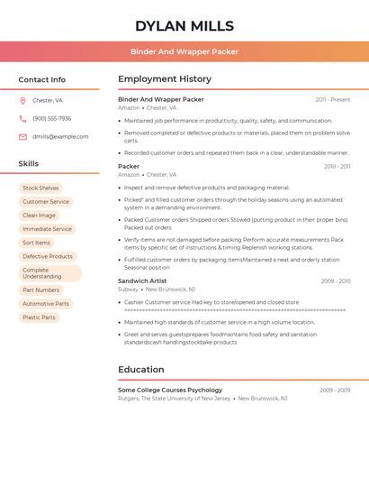 Binder And Wrapper Packer Resume