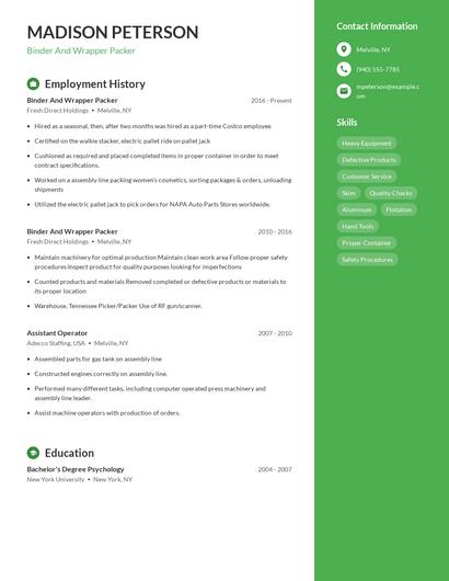 Binder And Wrapper Packer Resume