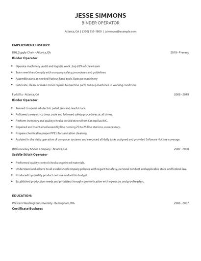 Binder Operator Resume