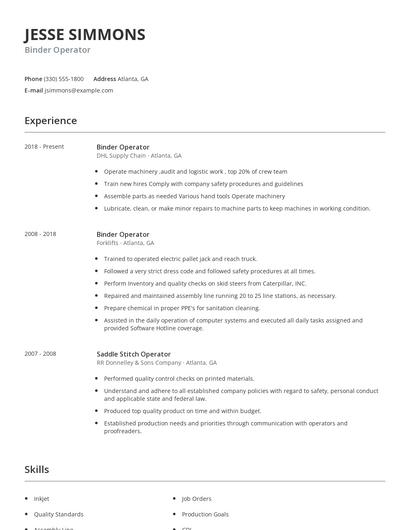 Binder Operator Resume