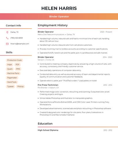 Binder Operator Resume