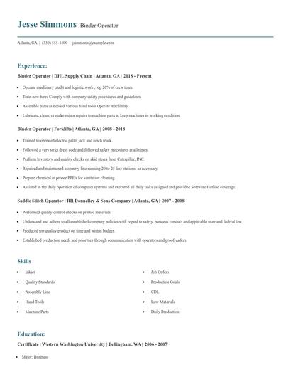 Binder Operator Resume