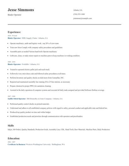 Binder Operator Resume