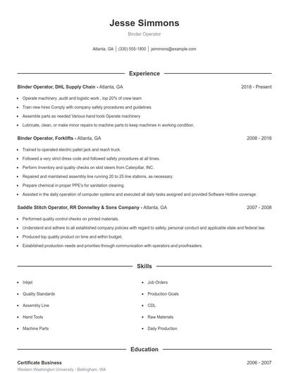 Binder Operator Resume