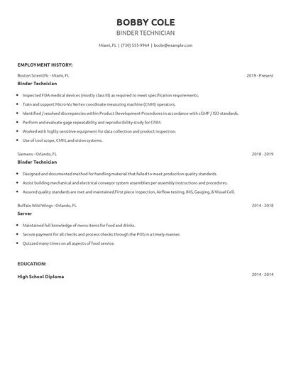 Binder Technician Resume
