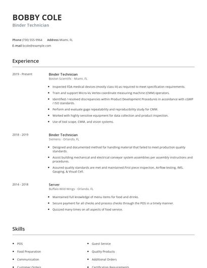 Binder Technician Resume