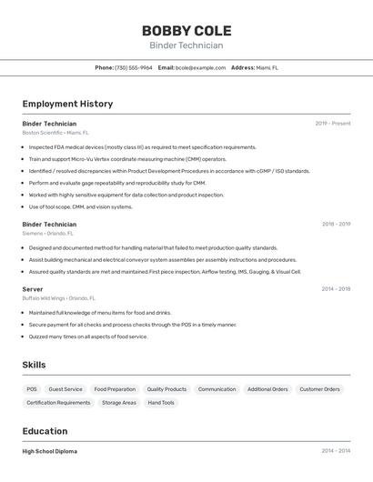 Binder Technician Resume