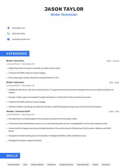 Binder Technician Resume