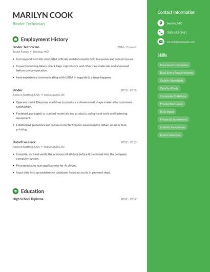 Binder Technician Resume