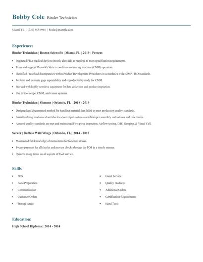 Binder Technician Resume