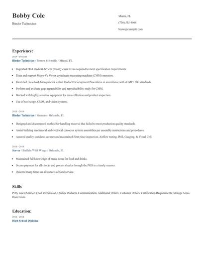 Binder Technician Resume