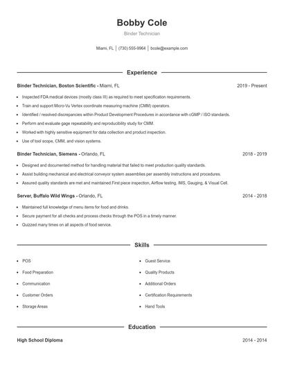 Binder Technician Resume