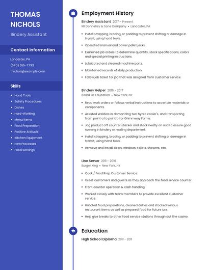 Bindery Assistant Resume