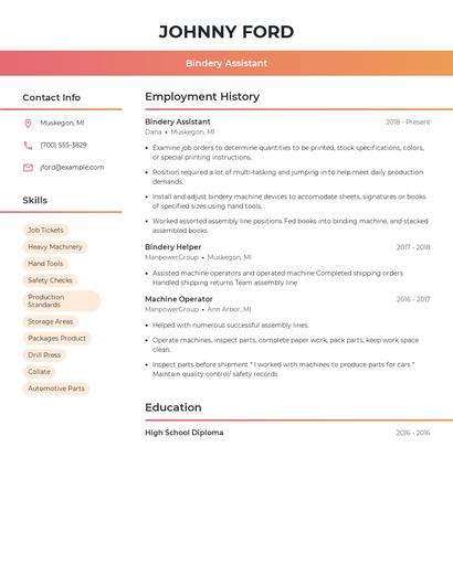 Bindery Assistant Resume