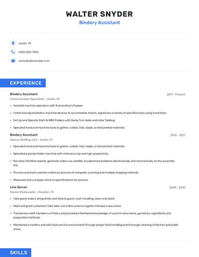 Bindery Assistant Resume