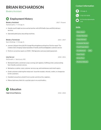 Bindery Assistant Resume