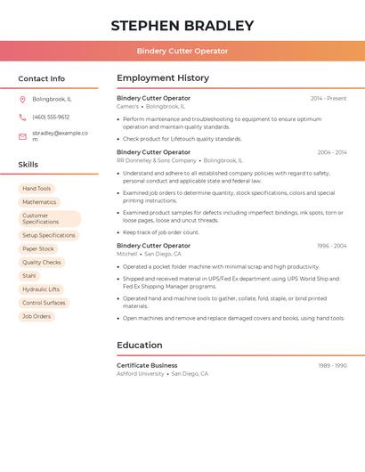 Bindery Cutter Operator Resume