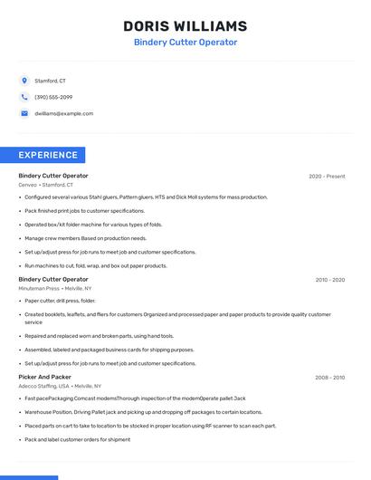 Bindery Cutter Operator Resume