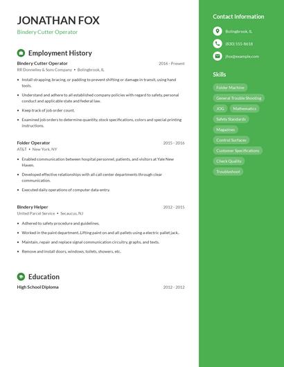 Bindery Cutter Operator Resume