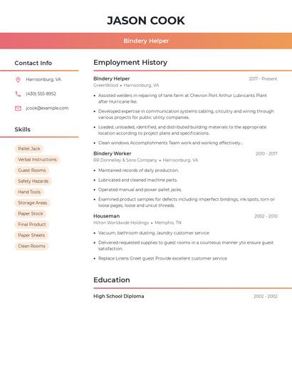 Bindery Helper Resume