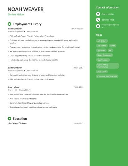 Bindery Helper Resume