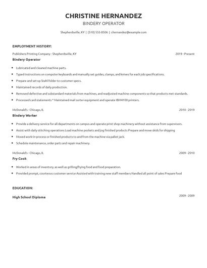 Bindery Operator Resume