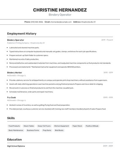 Bindery Operator Resume