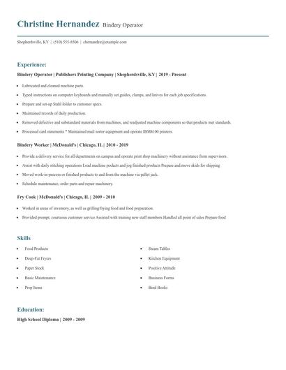 Bindery Operator Resume