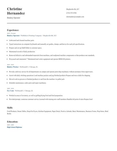 Bindery Operator Resume