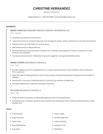 Bindery Operator Resume