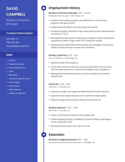 Bindery Production Manager Resume