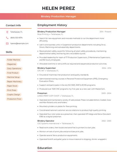 Bindery Production Manager Resume