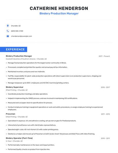 Bindery Production Manager Resume