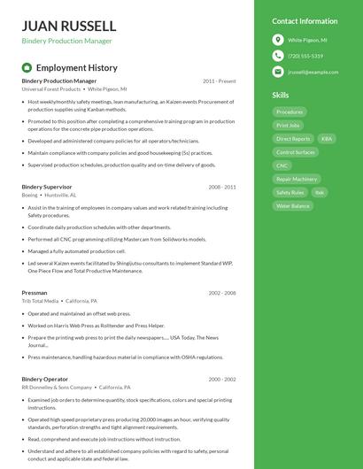 Bindery Production Manager Resume