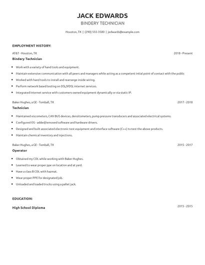 Bindery Technician Resume