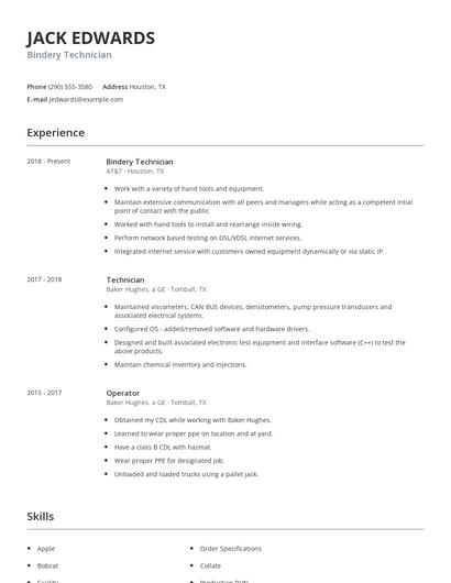 Bindery Technician Resume