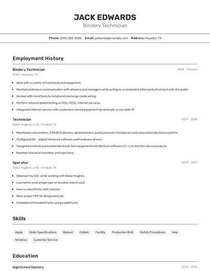 Bindery Technician Resume