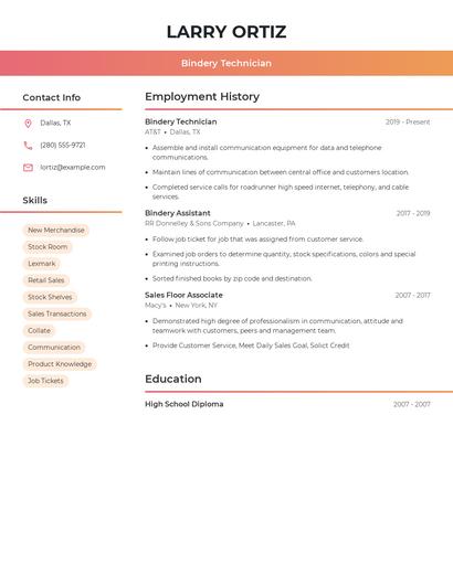 Bindery Technician Resume