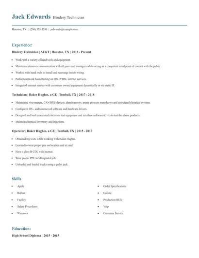 Bindery Technician Resume