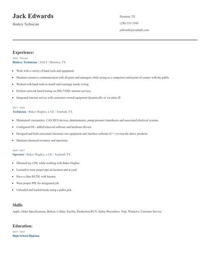 Bindery Technician Resume