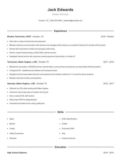 Bindery Technician Resume