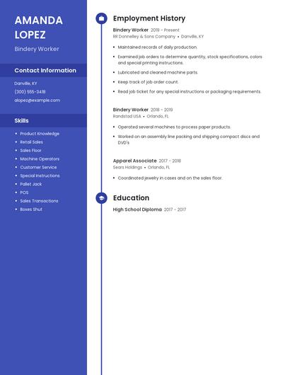 Bindery Worker Resume