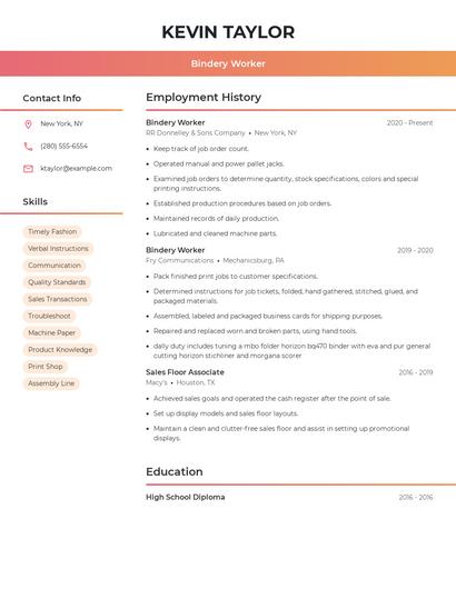 Bindery Worker Resume