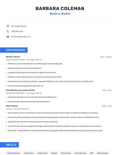 Bindery Worker Resume