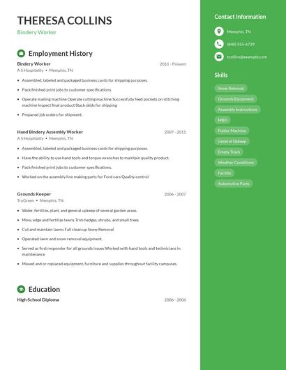 Bindery Worker Resume