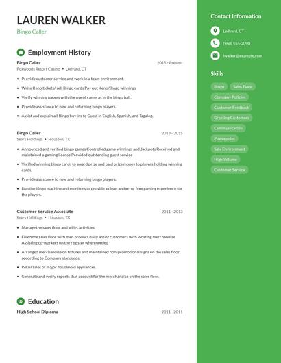 Bingo Caller Resume