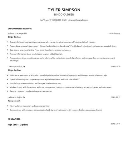 Bingo Cashier Resume