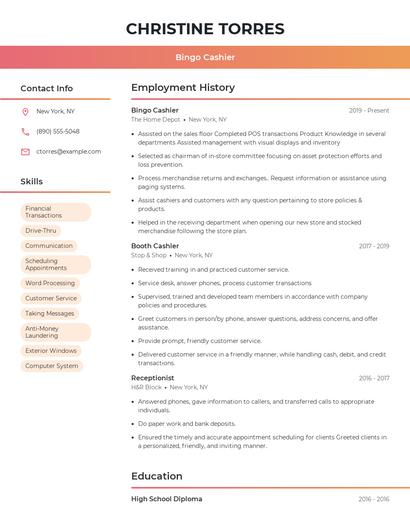 Bingo Cashier Resume