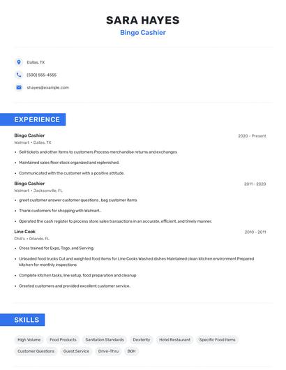 Bingo Cashier Resume